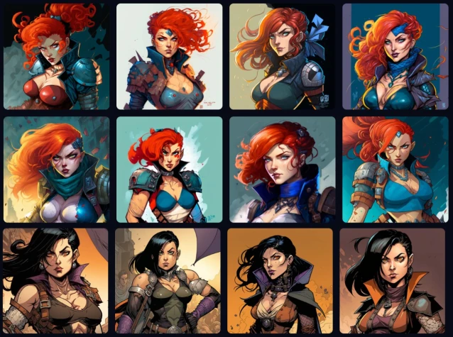 different avatars created win AI, girls with red and black hair.